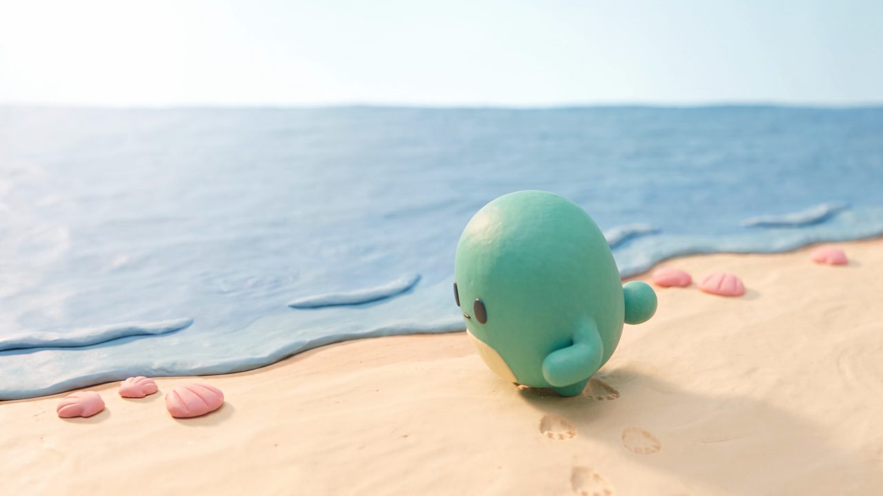 MaCito, a turquoise clay character, walks along a clay beach with pink shells.